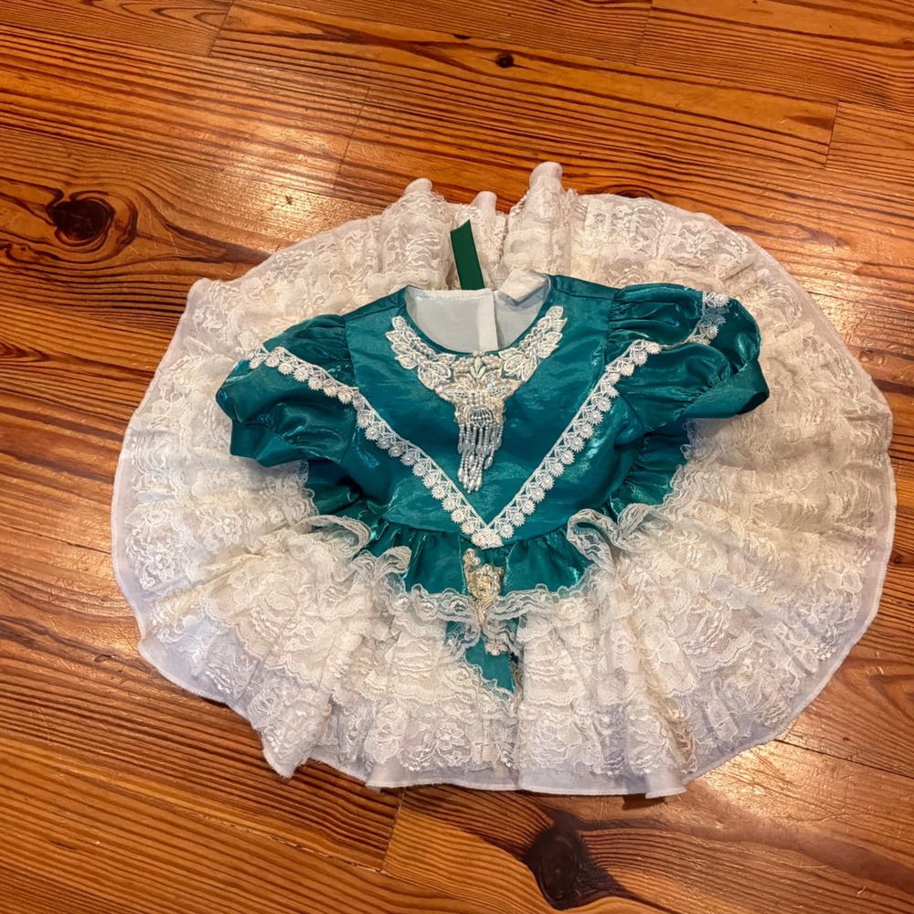 Tip Top Kids Vintage Teal Green Lace Pearl Ruffles Pageant Dress 6M USA Made